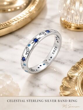NEW Celestial Sterling Silver Moon & Star Zircon Band Ring S925 Sizes 6, 7, 9